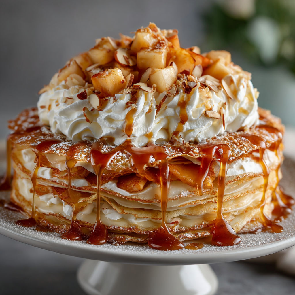 A caramel and apple crêpe cake on a plate.