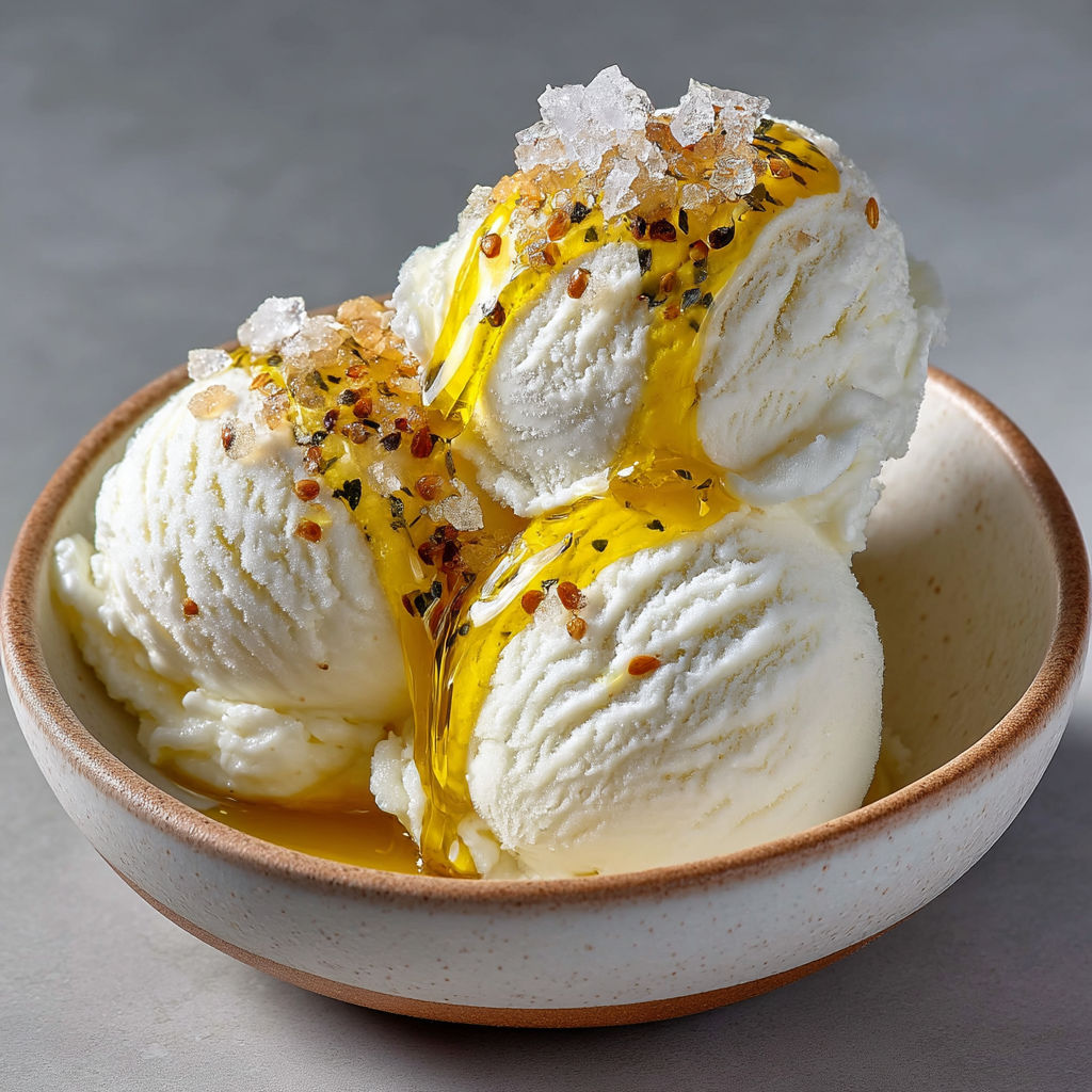 A bowl of ice cream with glace vanille, huile d'olive & fleur de sel.