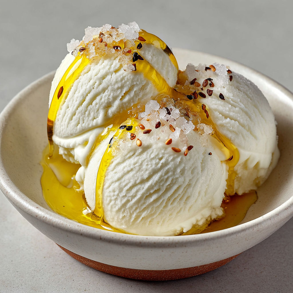 A bowl of vanilla ice cream with a drizzle of olive oil and sprinkled with fleur de sel.