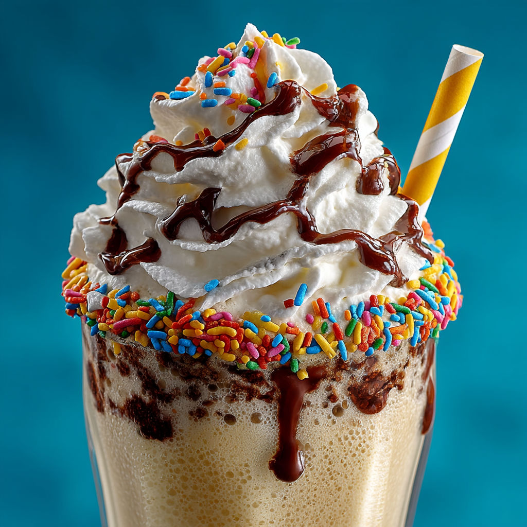 A milkshake with chocolate and sprinkles.