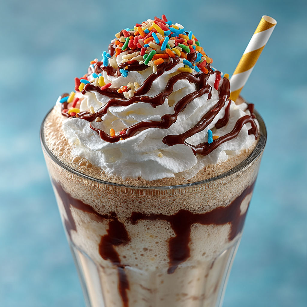 A milkshake with chocolate and sprinkles.