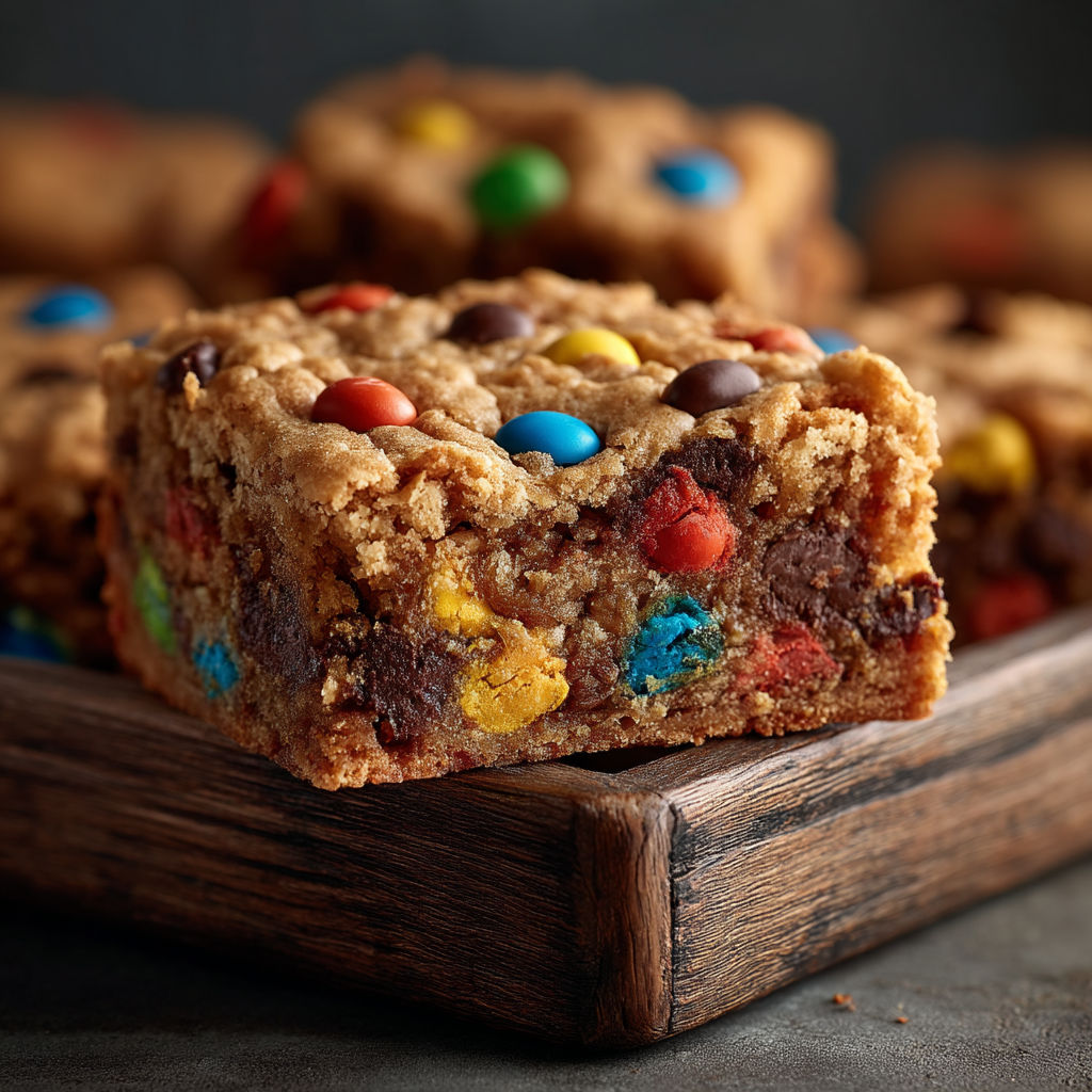 A close up of a chocolate chip cookie with M&M's on top.