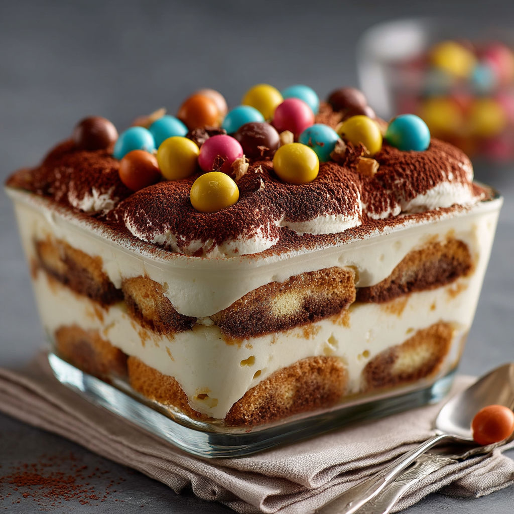 A glass bowl filled with a dessert made of cake, cream and chocolate.