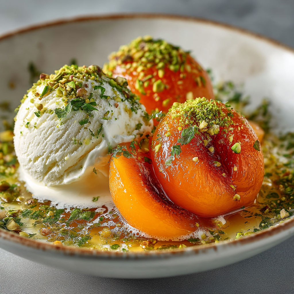 A bowl of food with a white sauce and a peach.