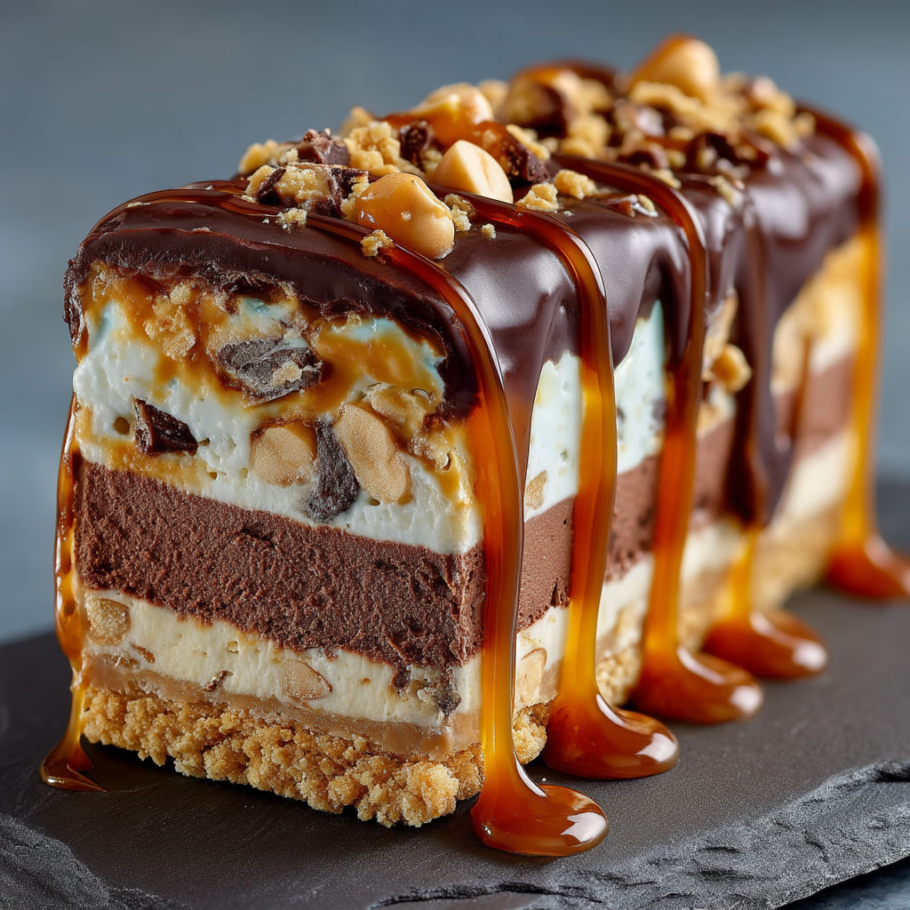 A slice of cake with caramel drizzle.