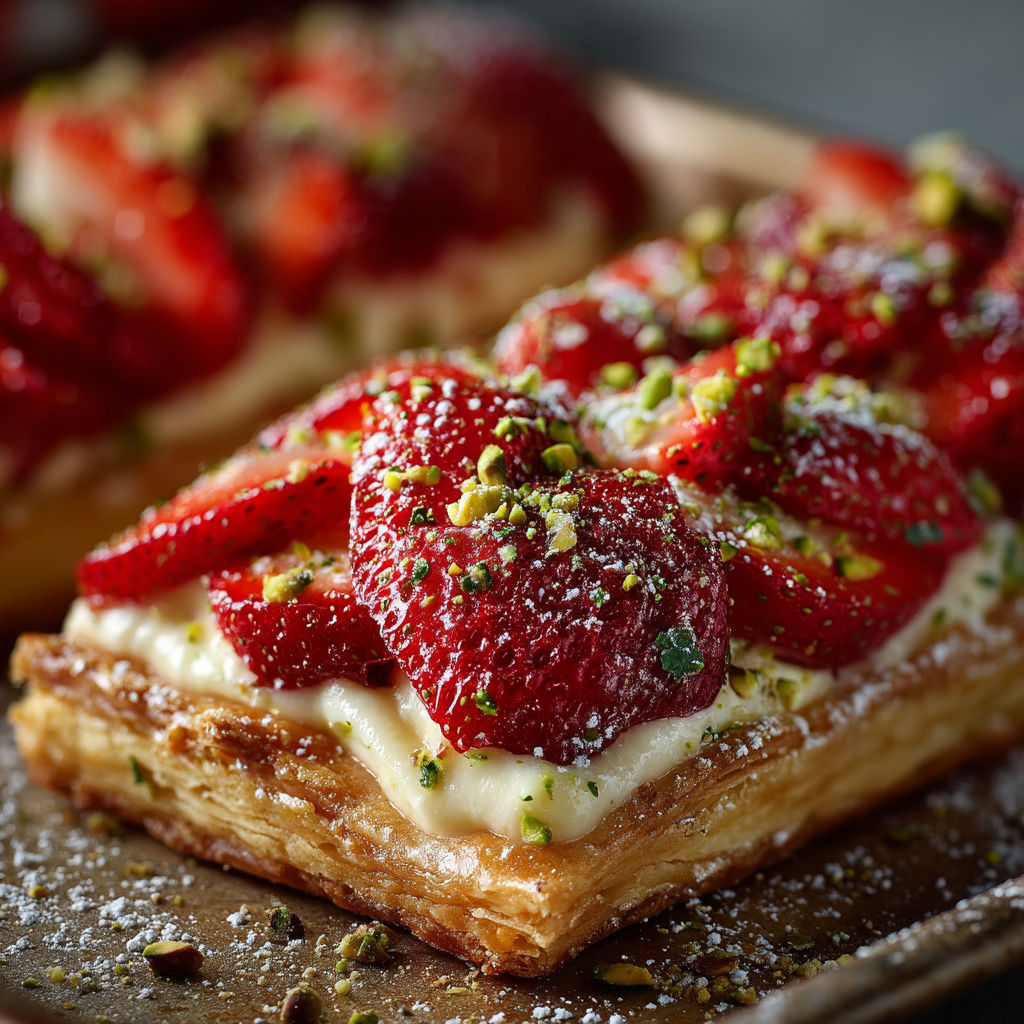 A close up of a strawberry dessert with white cream and powdered sugar.