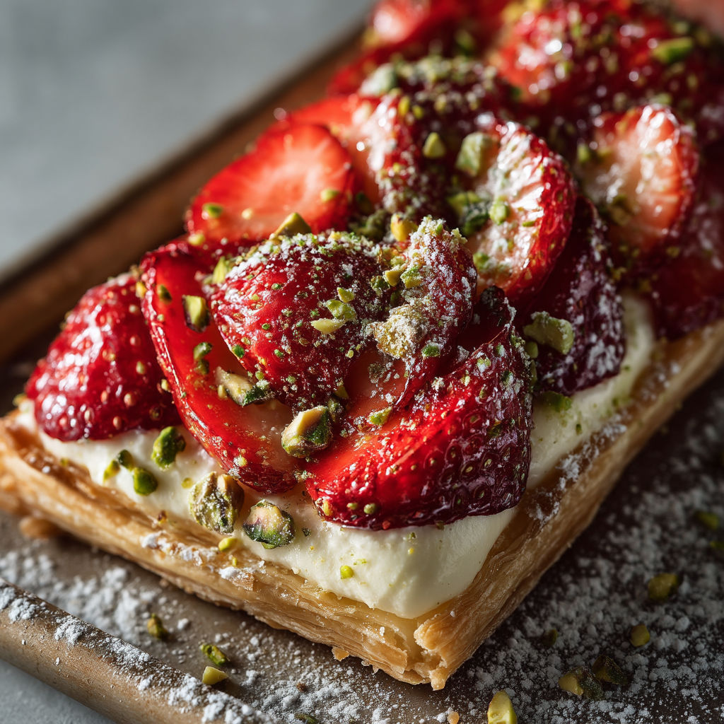 A close up of a strawberry dessert with whipped cream.