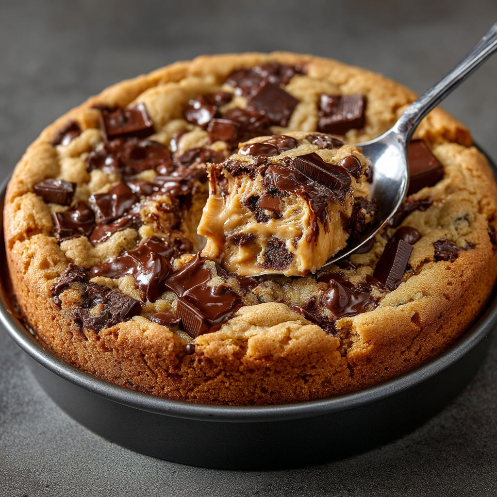 A giant cookie with chocolate chips and peanut butter.