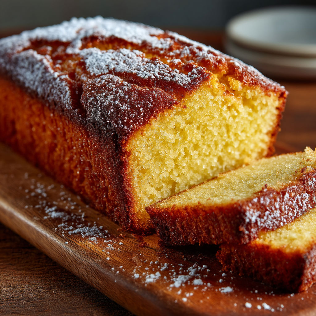 A slice of cake with powdered sugar on it.