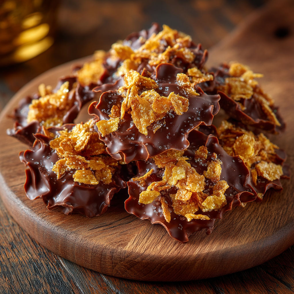 A wooden platter with chocolate covered cereal.