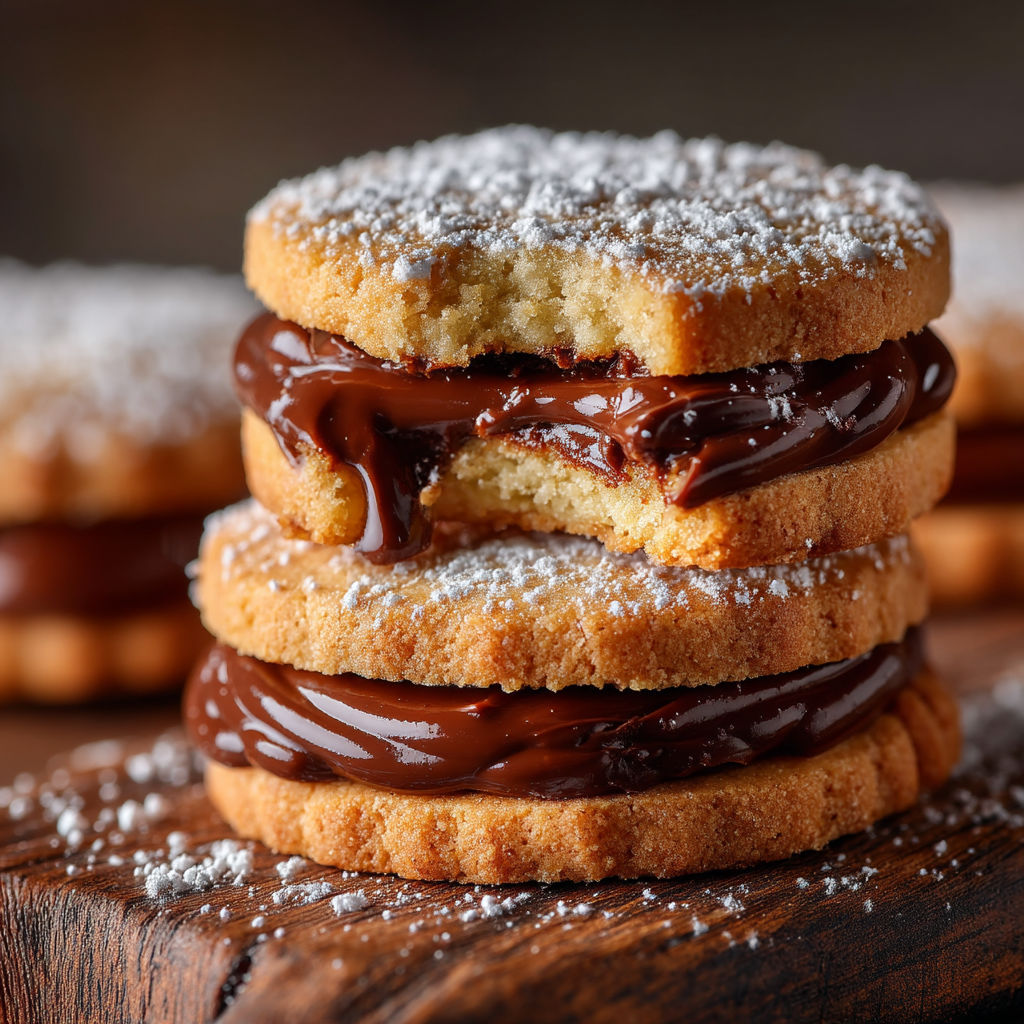A stack of cookies with chocolate frosting.
