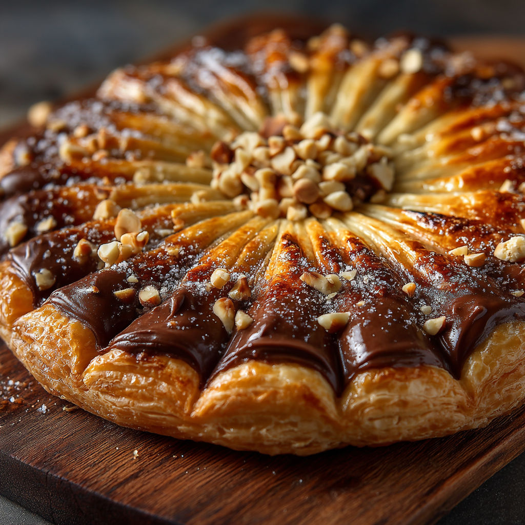 A pastry with chocolate and nuts on top.