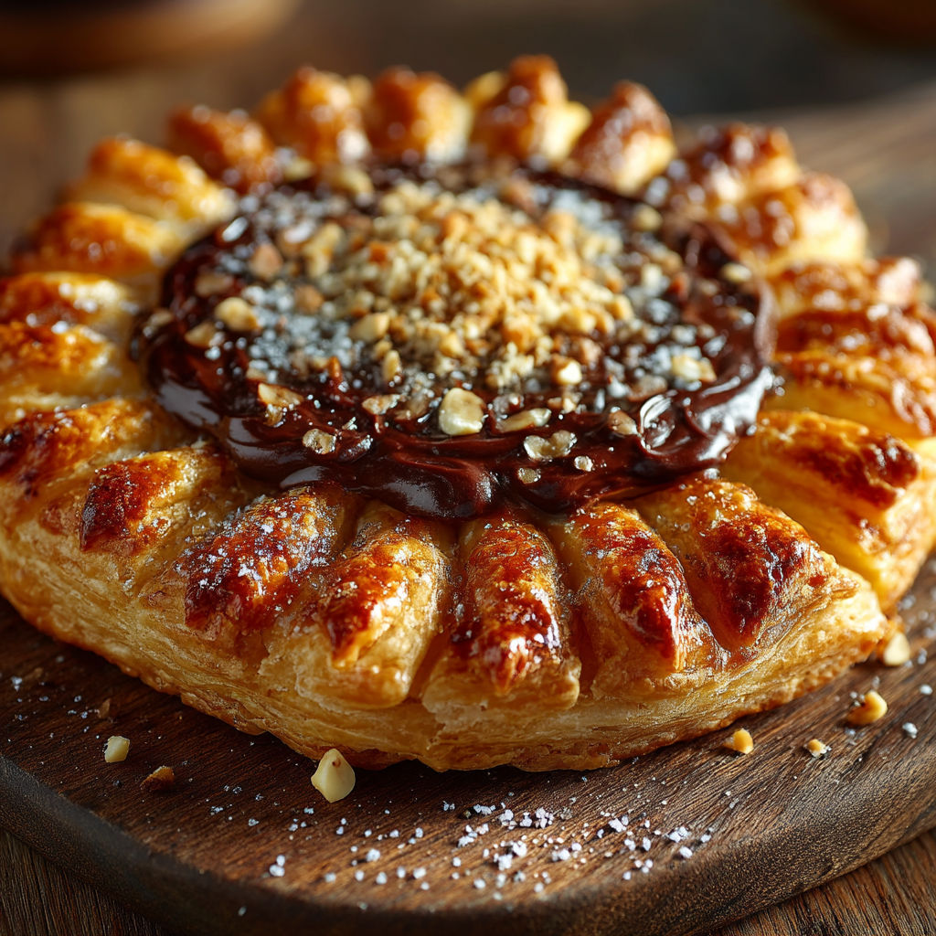 A pastry with chocolate and nuts on top.