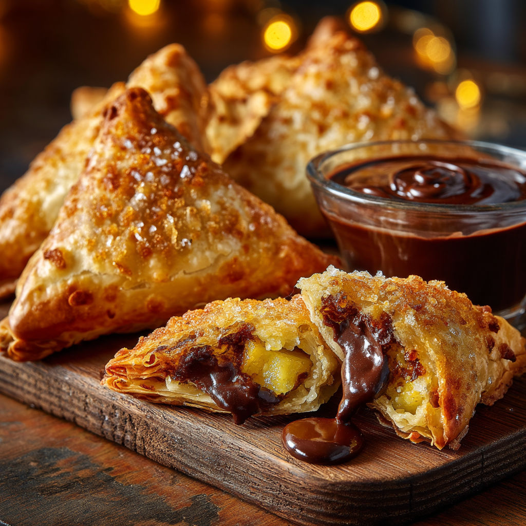 A plate of samoussas with chocolate sauce.