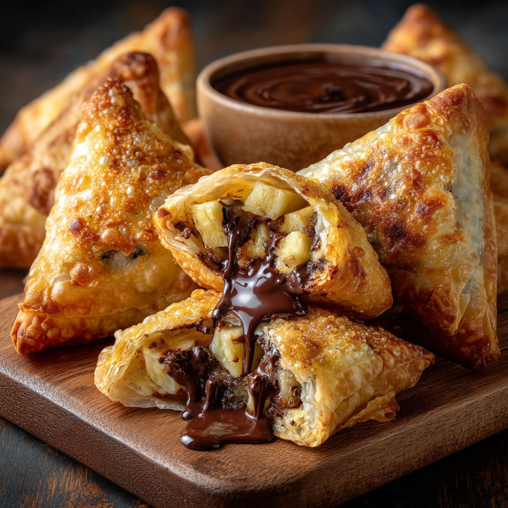 Choco banana samussas on a wooden board.