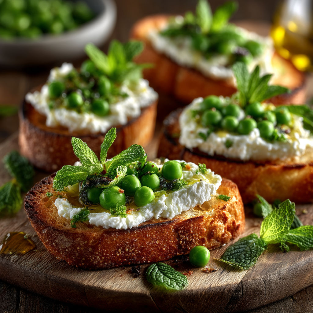 A plate of bread with white cheese and green peas on top.