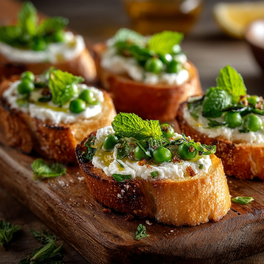 A wooden platter with four pieces of bread topped with white cheese and green peas.