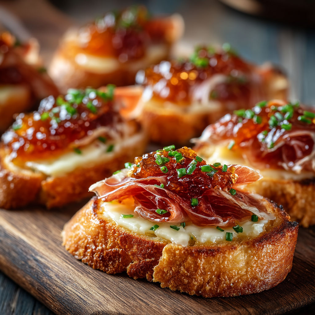Crostini with cheese, figs, and prosciutto.
