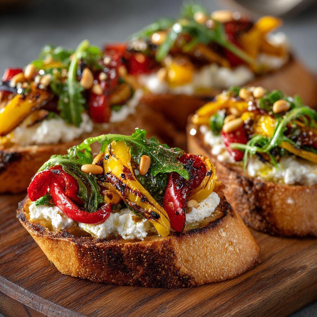 Crostini with cheese, peppers and greens.