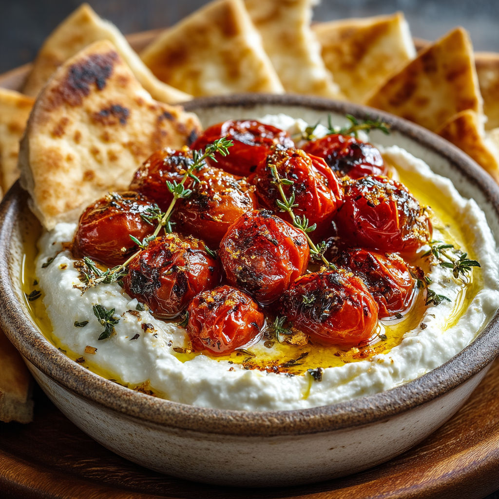 A bowl of dip with tomatoes and feta cheese.