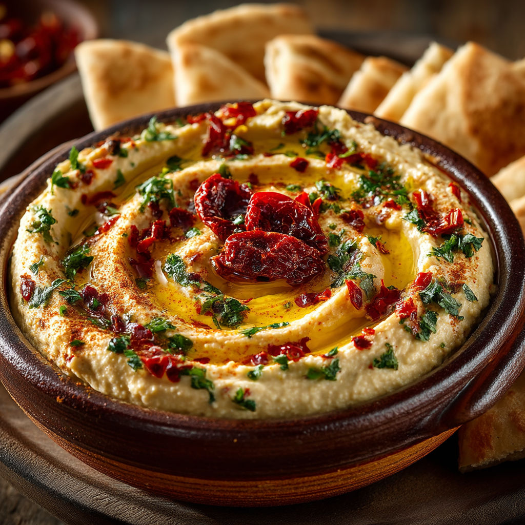 A bowl of hummus with tomatoes.
