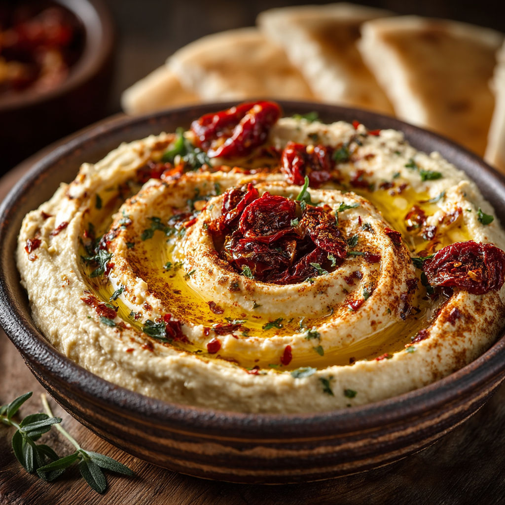 A bowl of hummus with a spoon in it.
