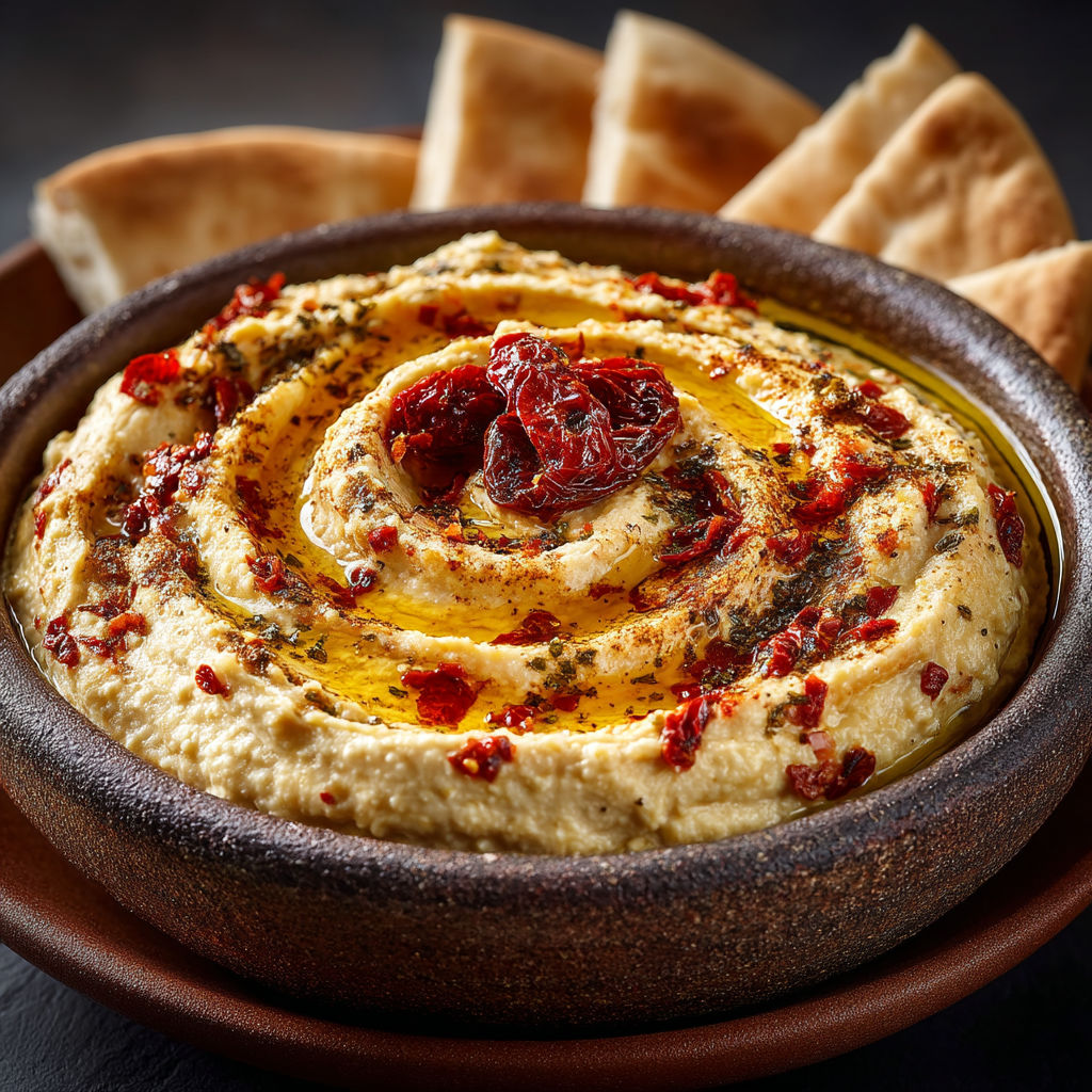 A bowl of hummus with a red pepper on top.