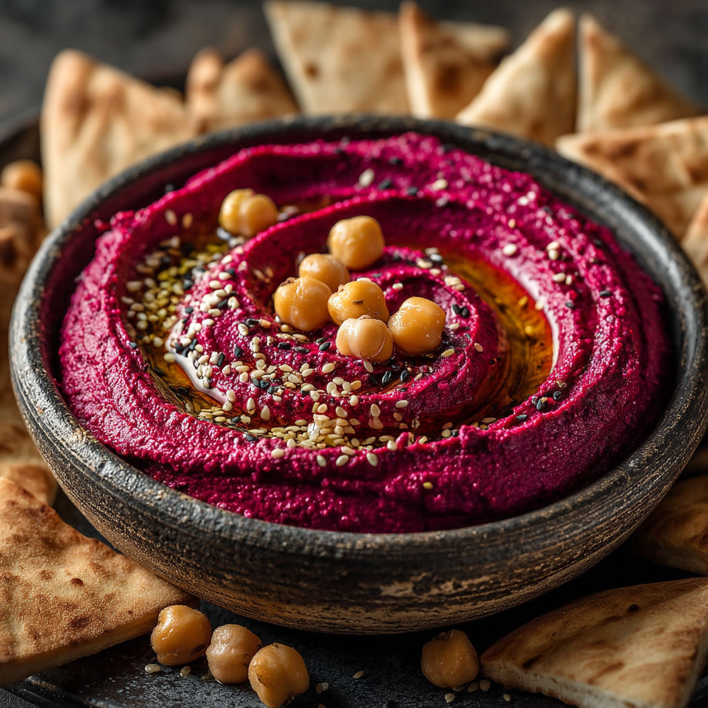 A bowl of hummus with pita chips.