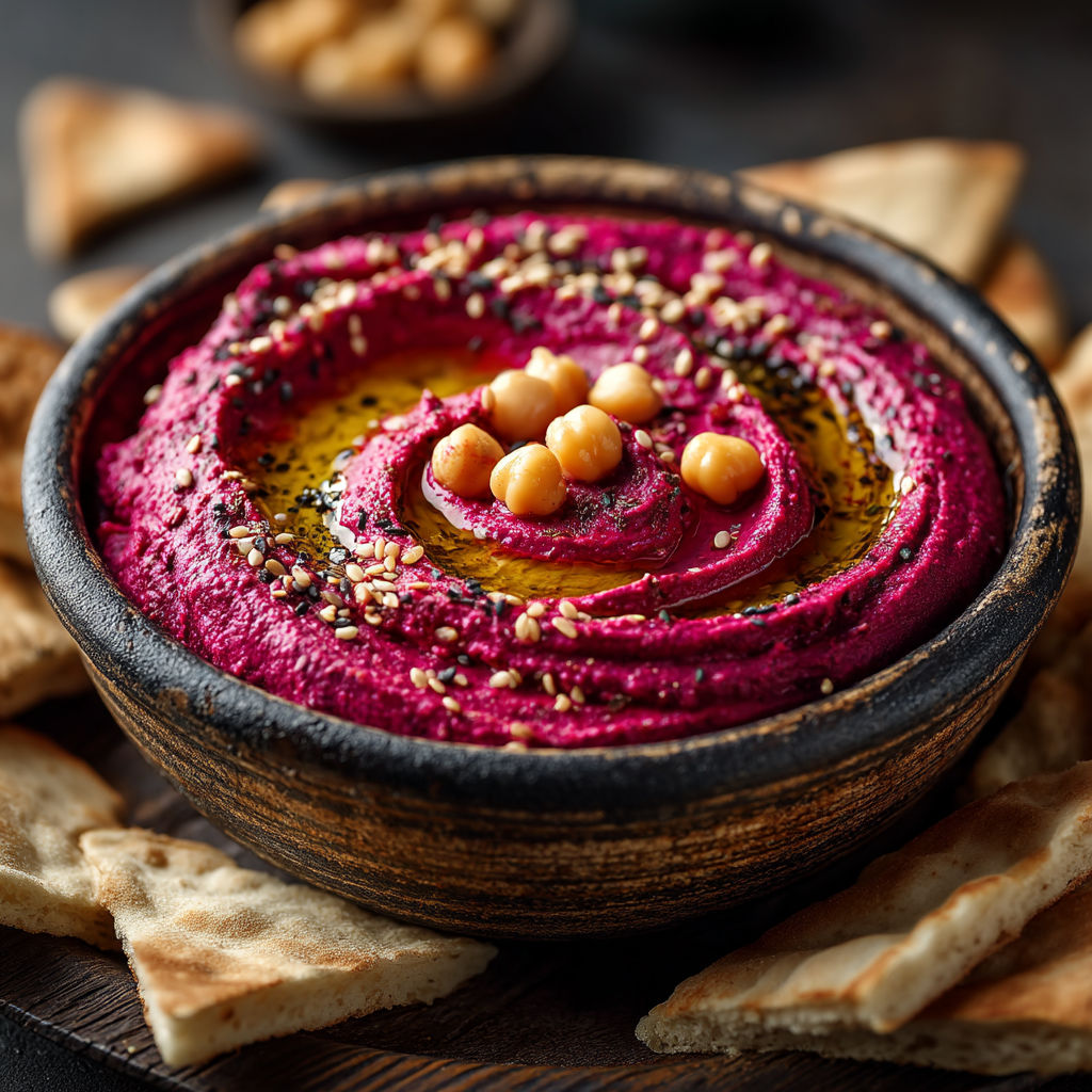 A bowl of hummus with a spoon in it.