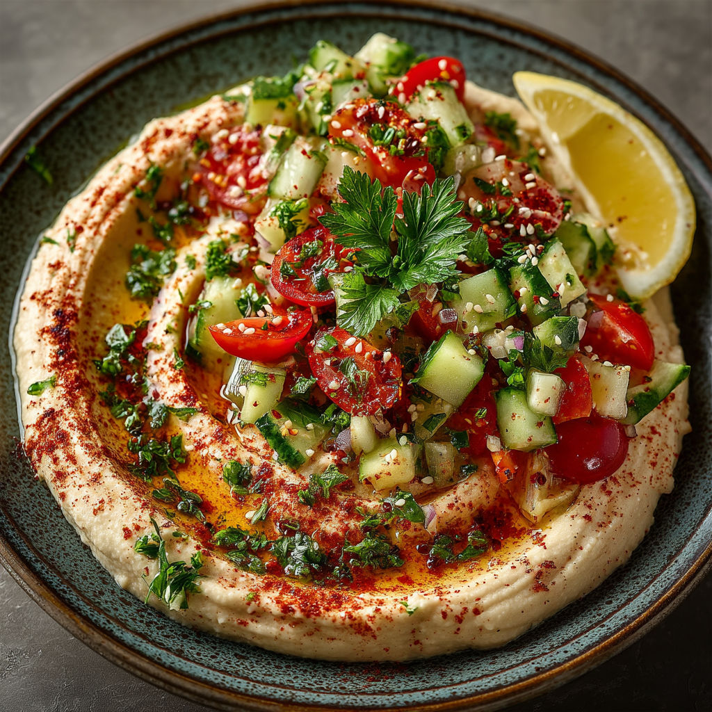 A plate of food with tomatoes, cucumbers, and lemon wedges.