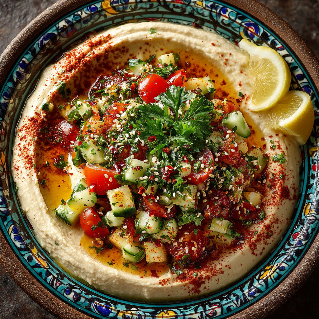 A bowl of food with tomatoes, cucumbers, and lemon wedges.