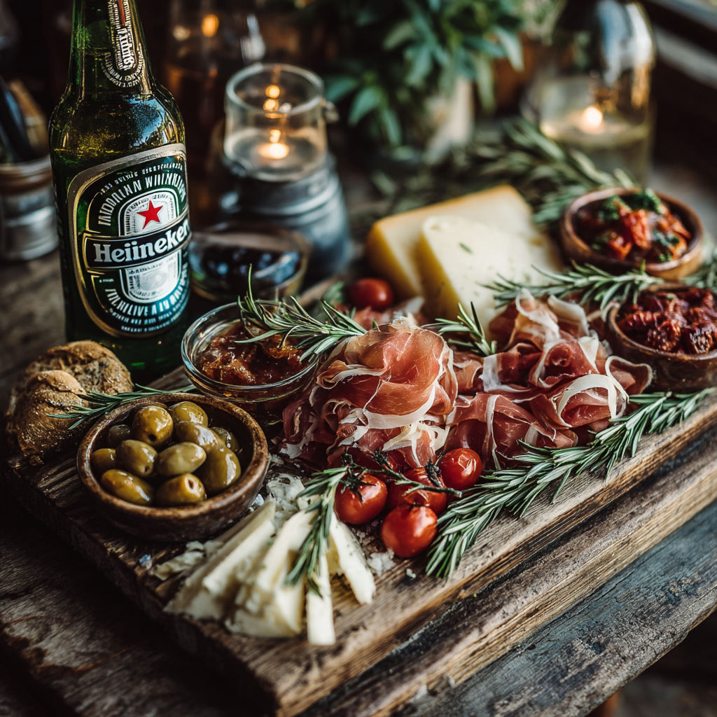 A table with a variety of food items and a bottle of beer.