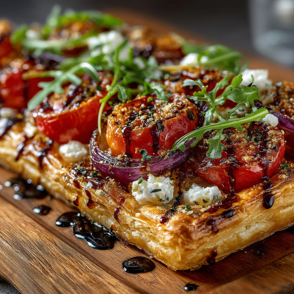 A gourmet pizza with tomatoes, cheese, and roquette.