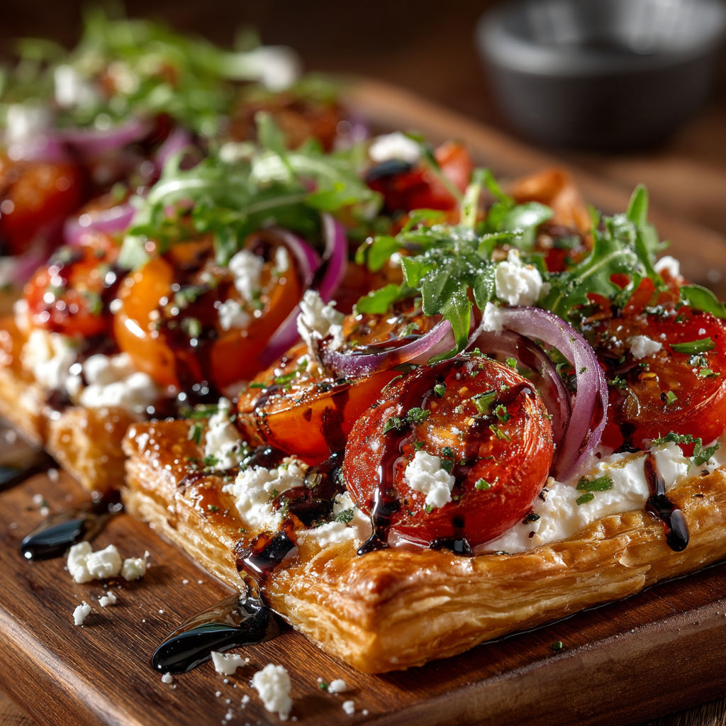 A close up of a food item with tomatoes and cheese.