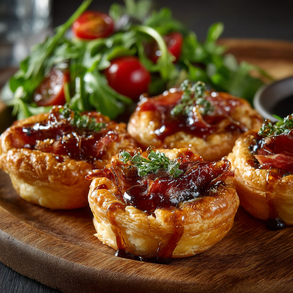 Mini tartes tatin au brie & jambon cru.