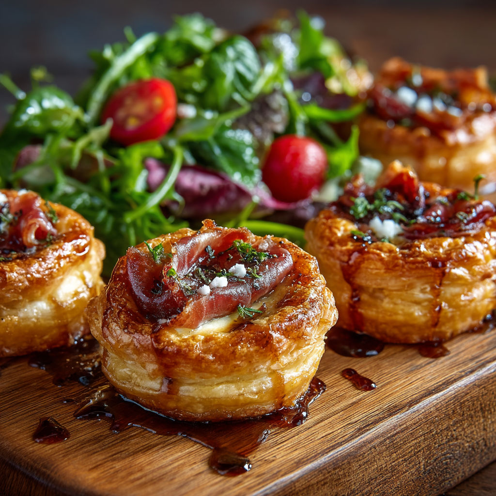 Mini tartes tatin au brie & jambon cru.