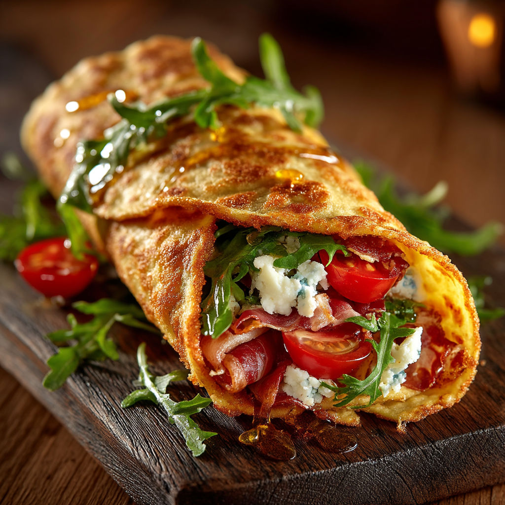 A wrap with chèvre, prosciutto, and salad.