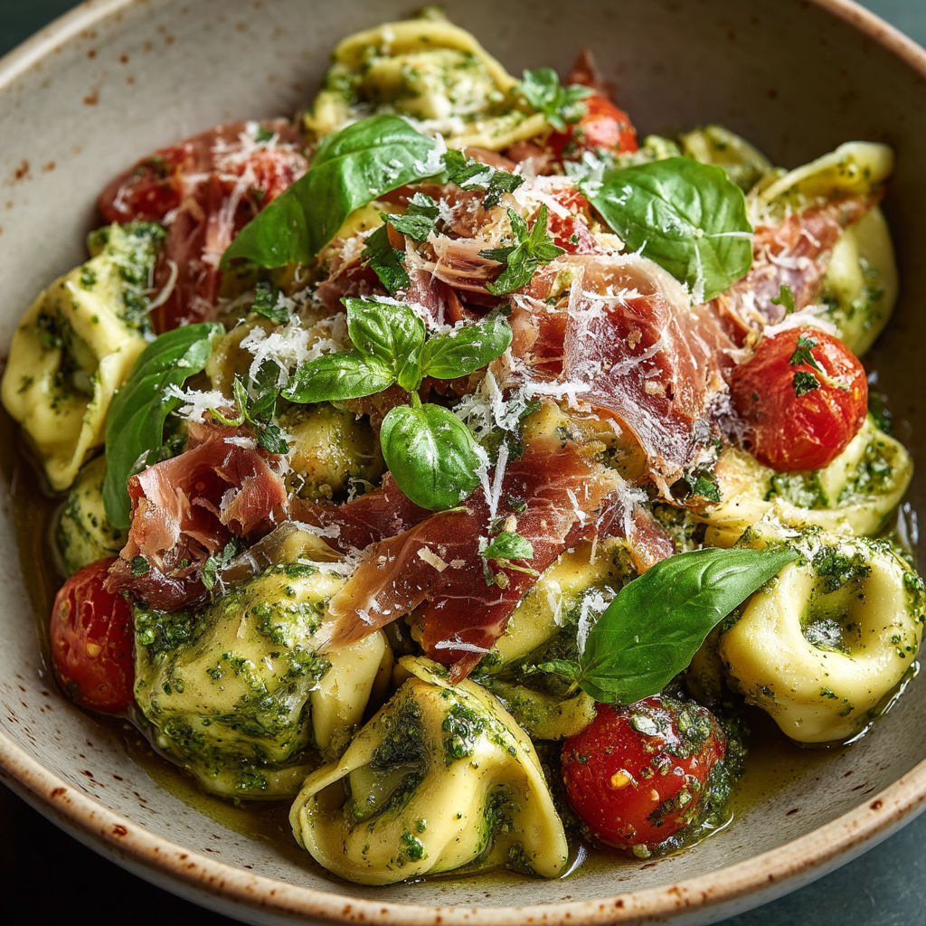 A bowl of pasta with tomatoes and bacon.