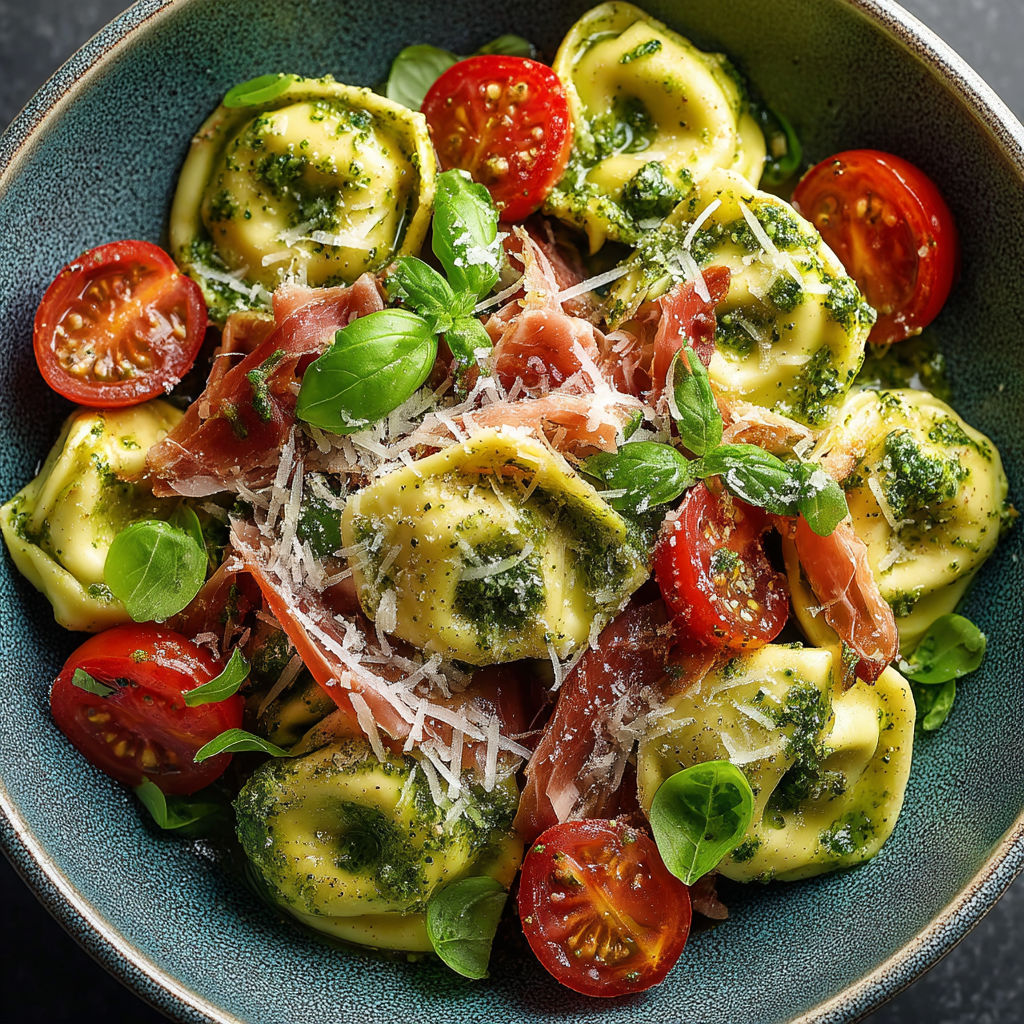 A bowl of pasta with tomatoes and basil.