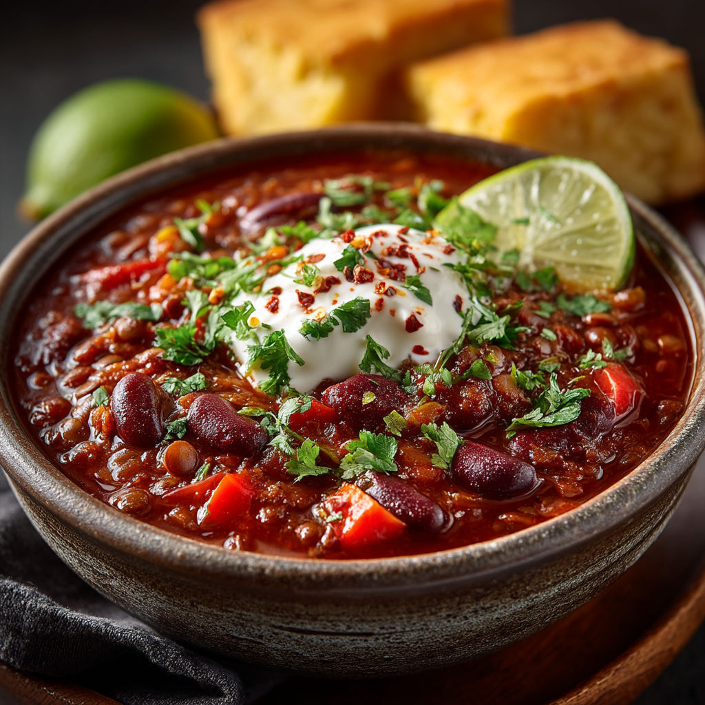 A bowl of chili with lentils and red beans.