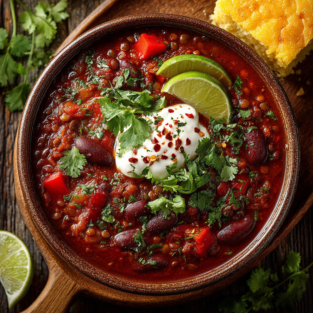 A bowl of chili with lentils and red beans.