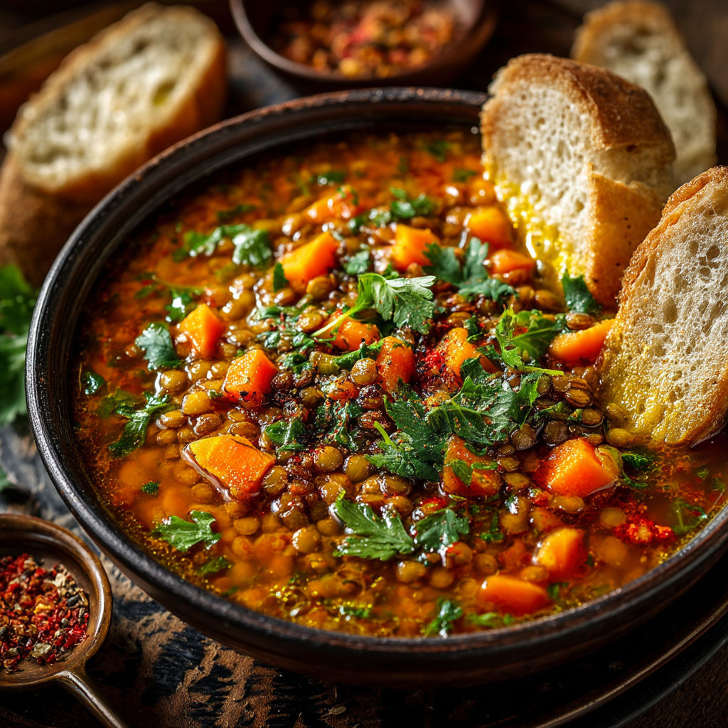 A bowl of lentilles aux épices douces.