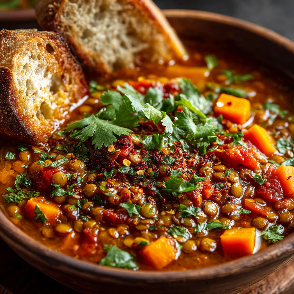 A bowl of soup with bread and vegetables.