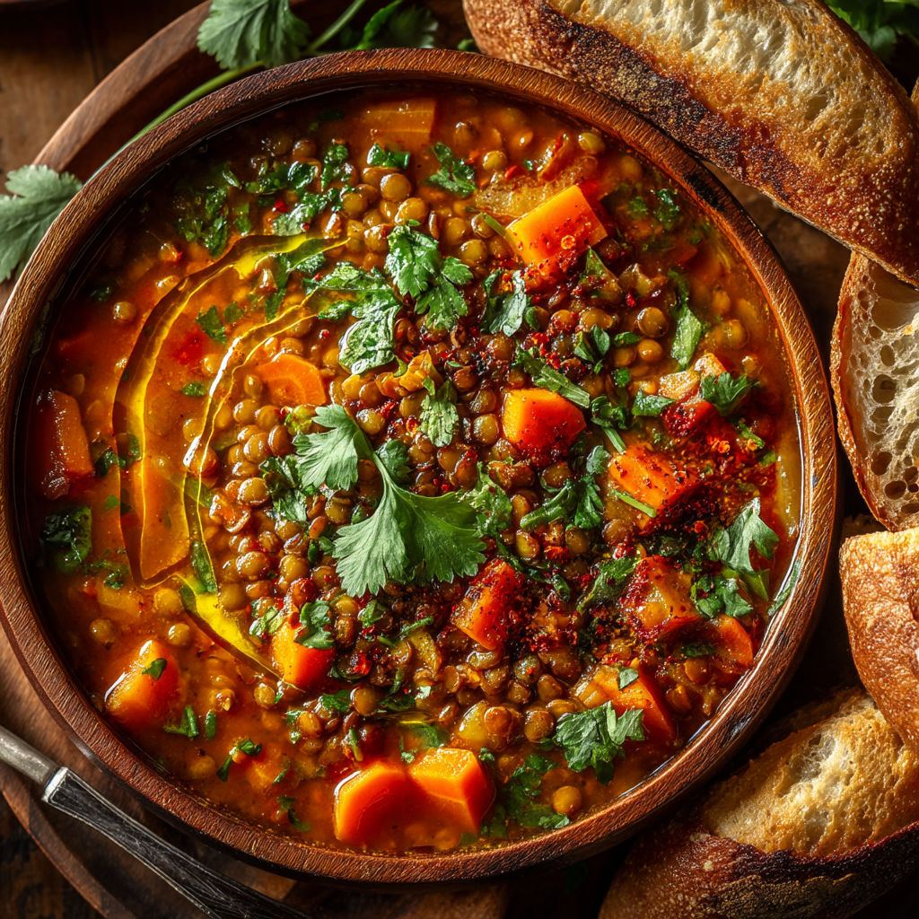 A bowl of soup with bread and vegetables.