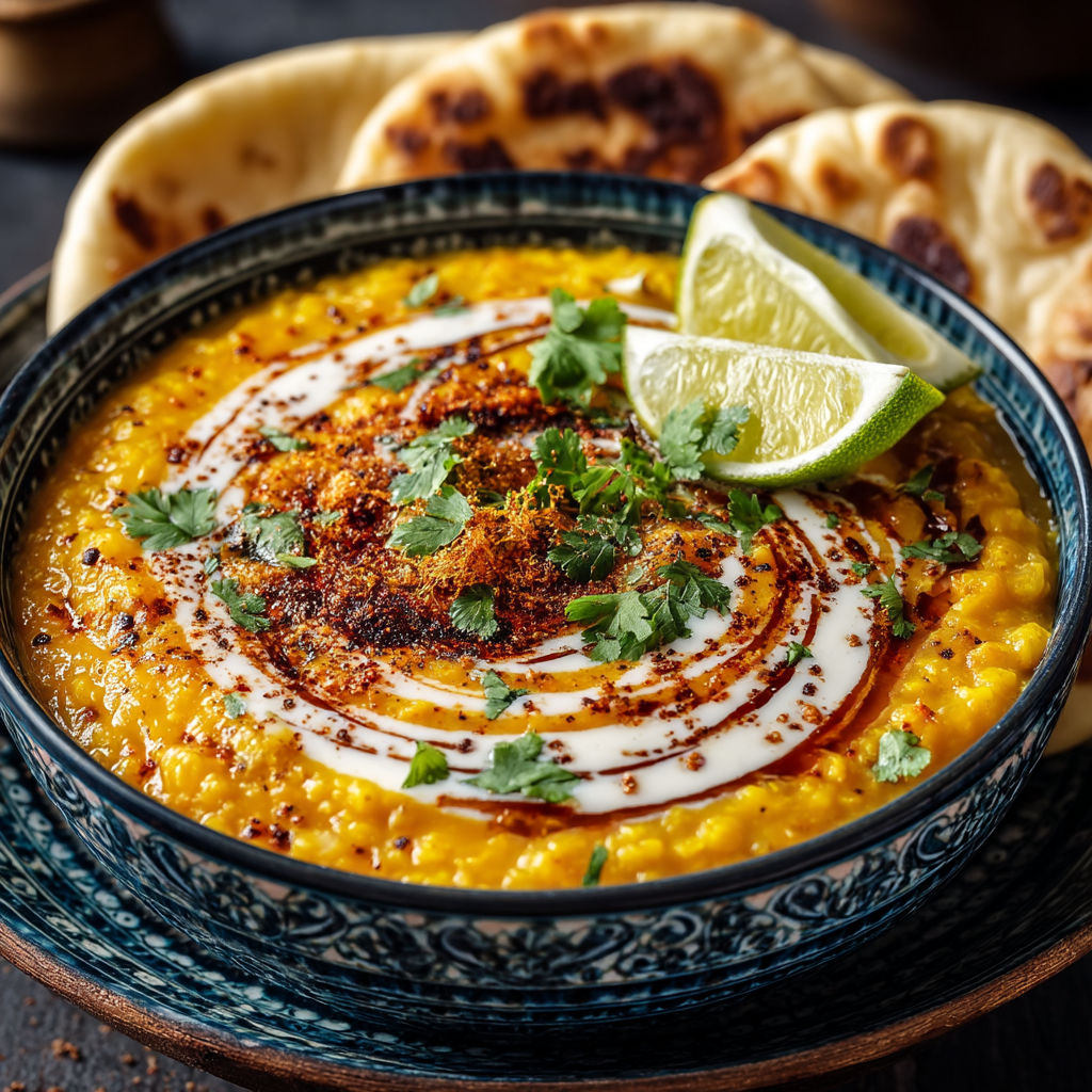 A bowl of soup with lime wedges on top.