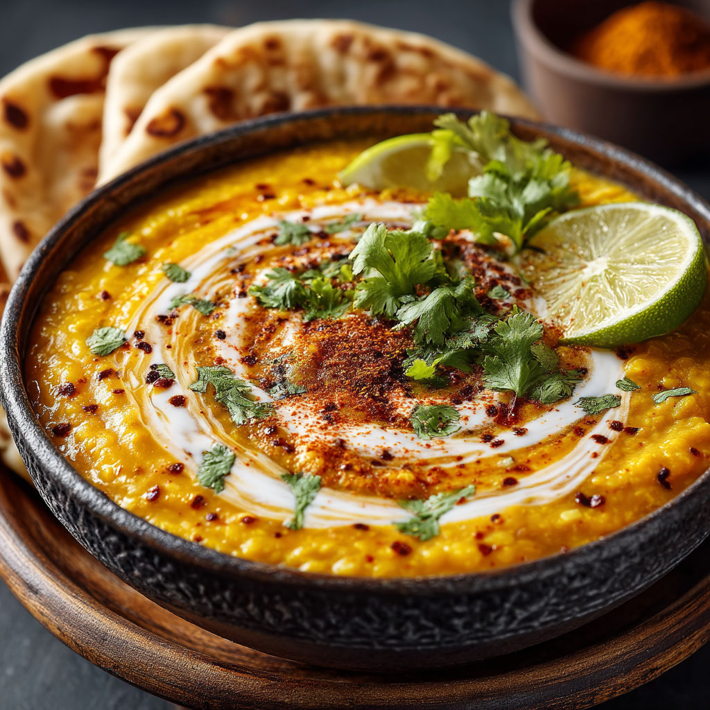 A bowl of soup with a spoon in it.