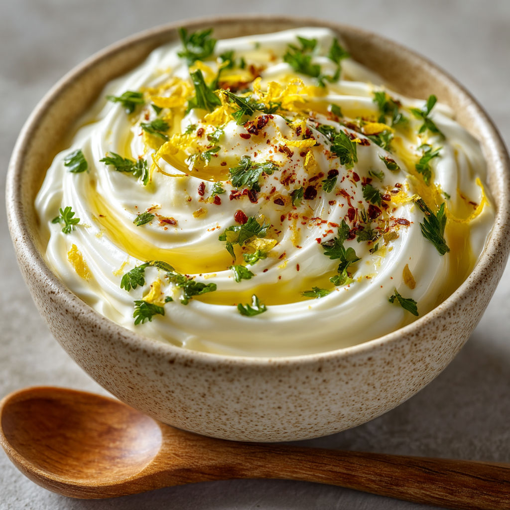 A bowl of cream with a spoon in it.