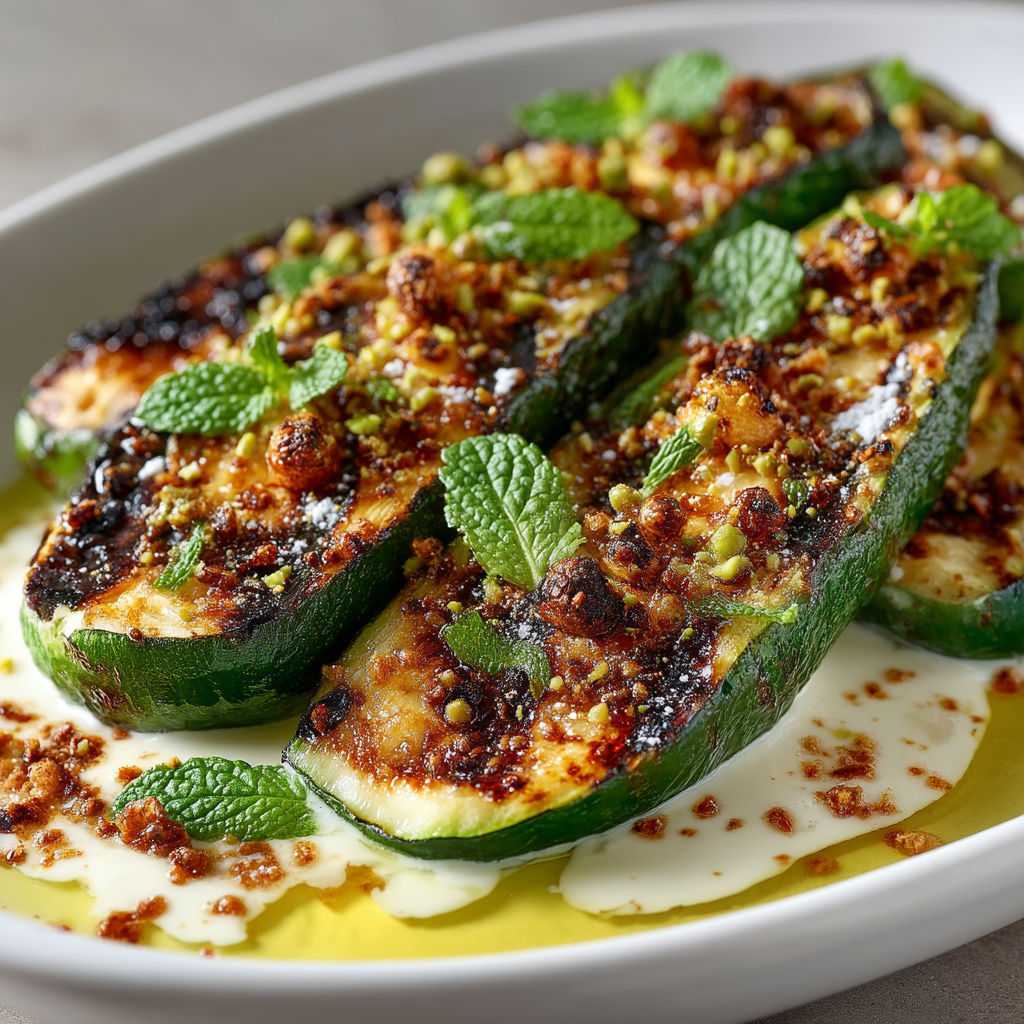 A plate of grilled courgettes with sauce.
