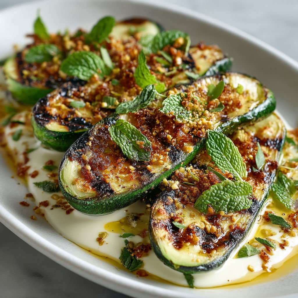 A plate of grilled courgettes with sauce.