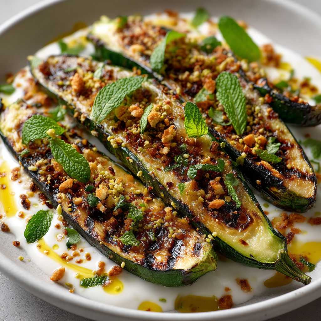 A plate of grilled courgettes with a sauce made from yogurt.